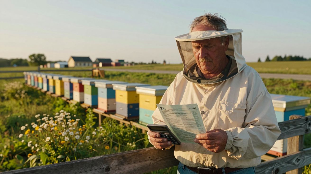 Apicultor vestido com roupa protetora lendo documento próximo a colmeias coloridas ao ar livre.