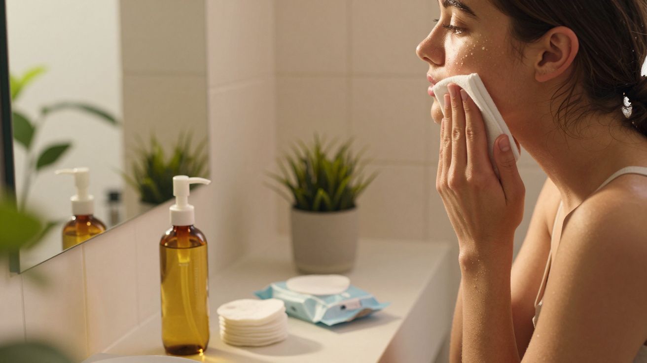 Mulher aplicando algodão no rosto em banheiro com produtos de cuidados faciais na bancada.
