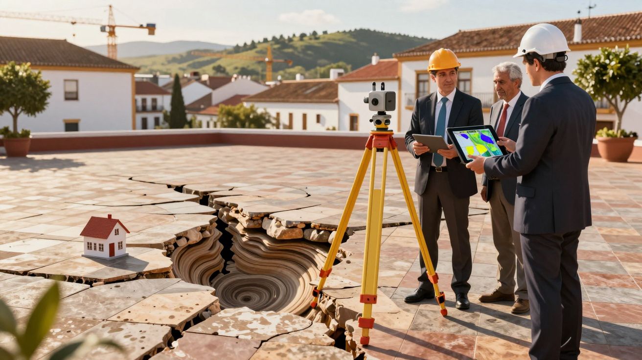 Engenheiros com capacetes avaliam rachadura profunda no chão ao lado de uma casa em miniatura.