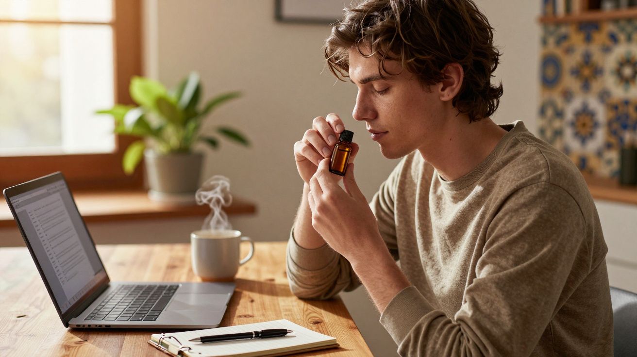 Jovem sentado em mesa cheirando frasco de óleo essencial próximo a notebook, xícara e caderno.