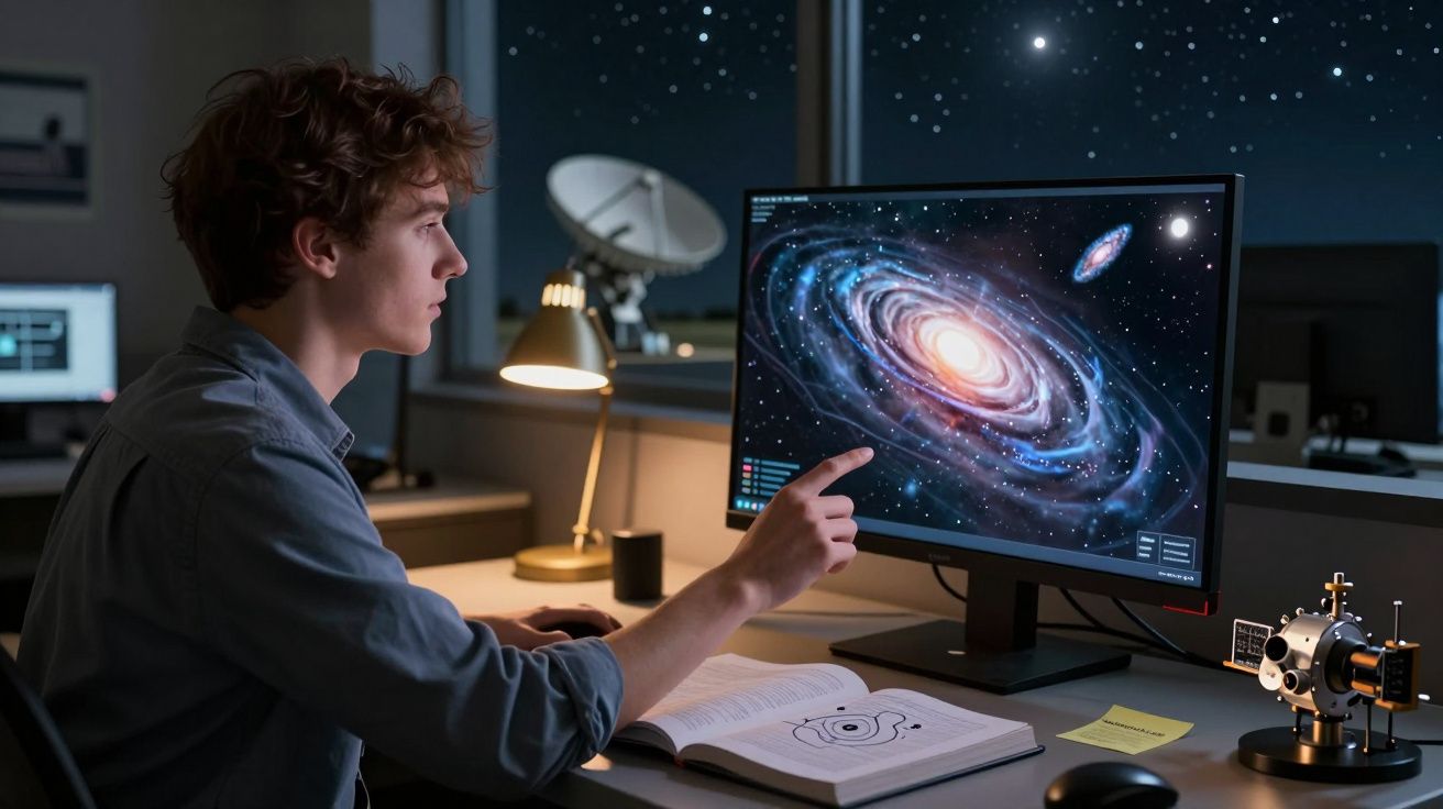 Jovem estudando e apontando para imagem de galáxia espiral no monitor de computador em escritório noturno.