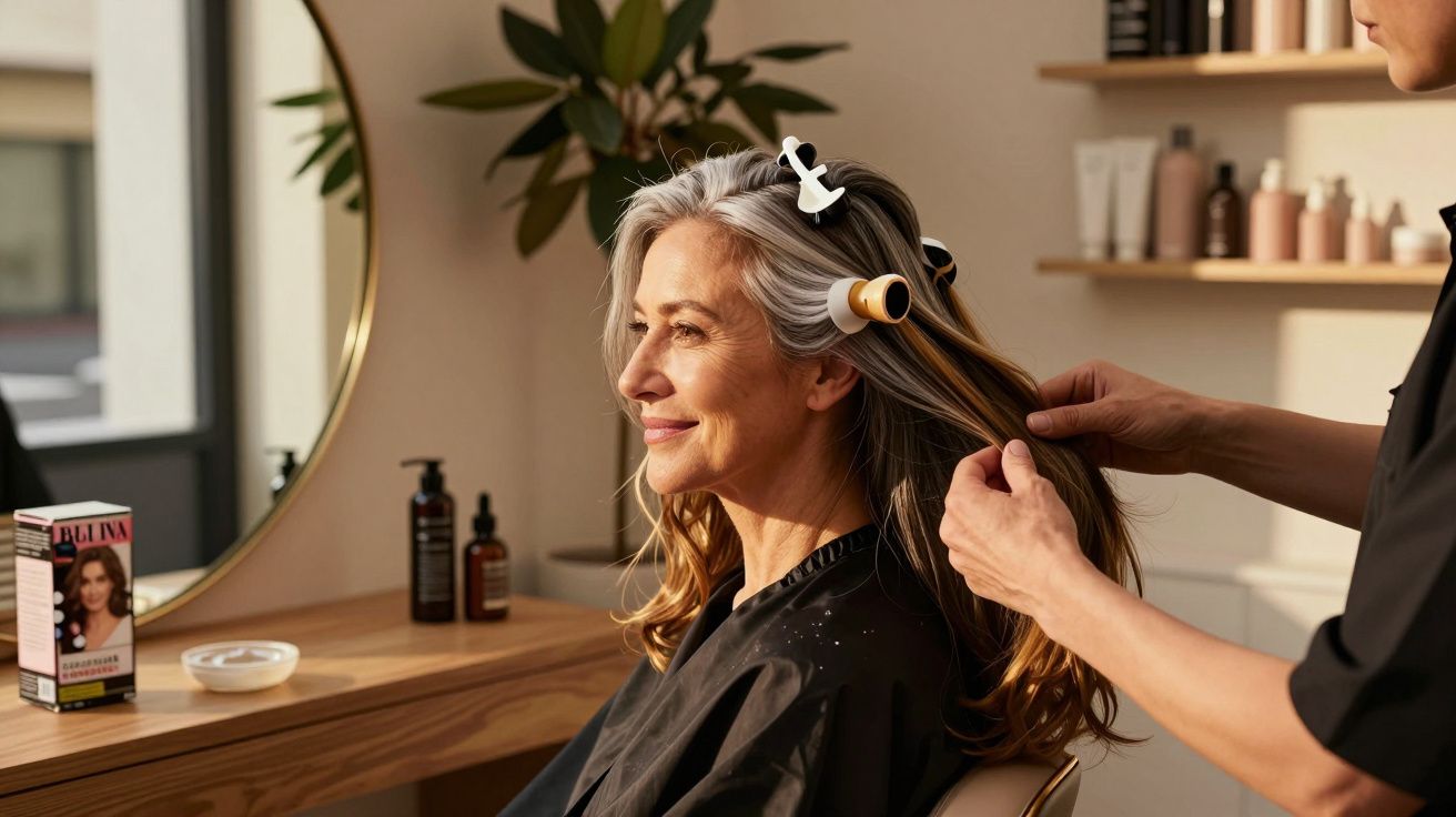 Mulher sorrindo com cabelo loiro e grisalho sendo enrolado em salão de beleza.