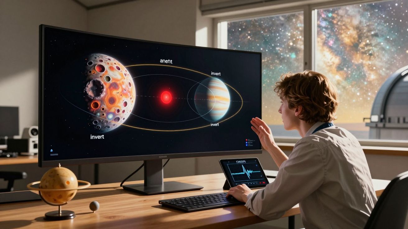 Jovem cientista analisa simulação de planetas e estrelas em monitor grande dentro de laboratório astronômico.