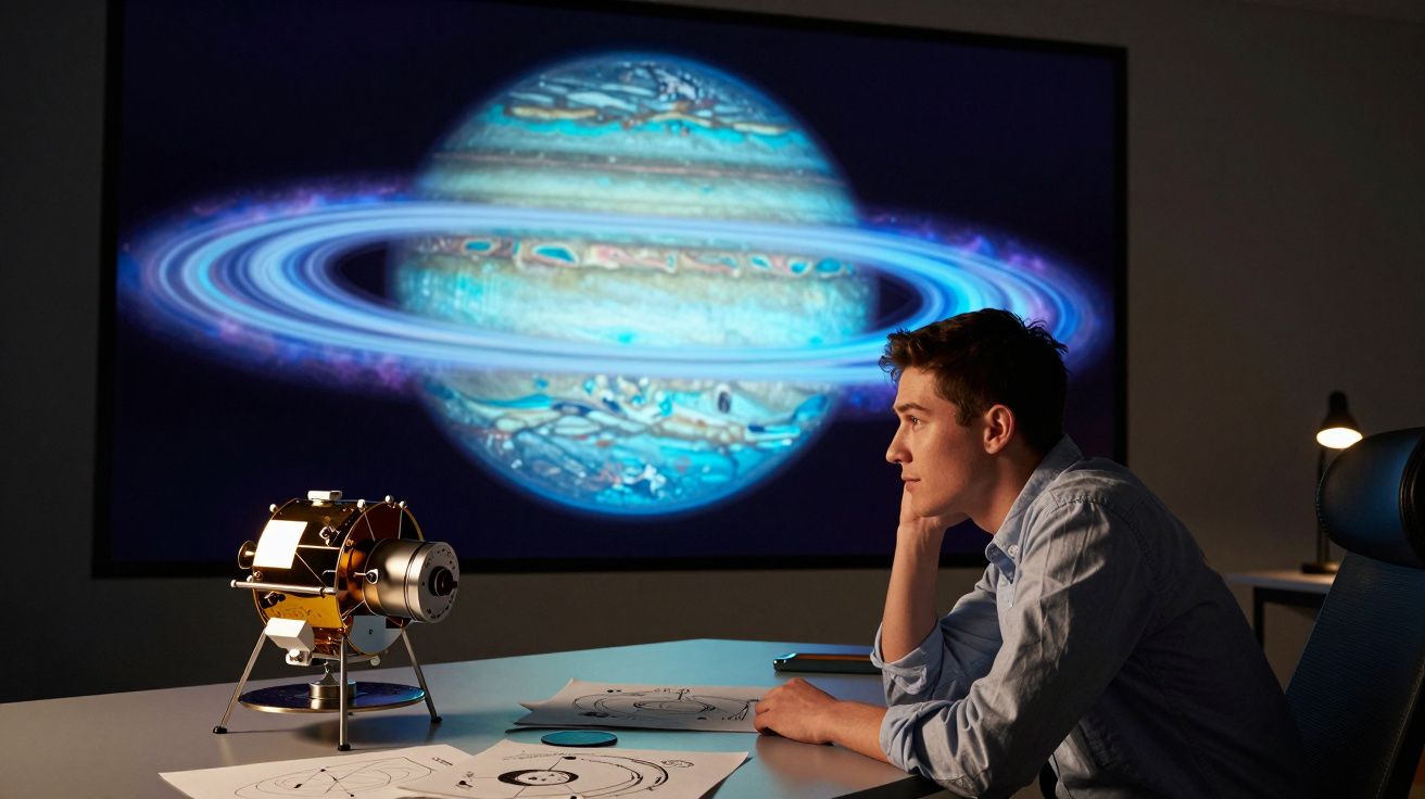 Homem jovem sentado à mesa estudando modelo de satélite com imagem de planeta com anéis ao fundo.