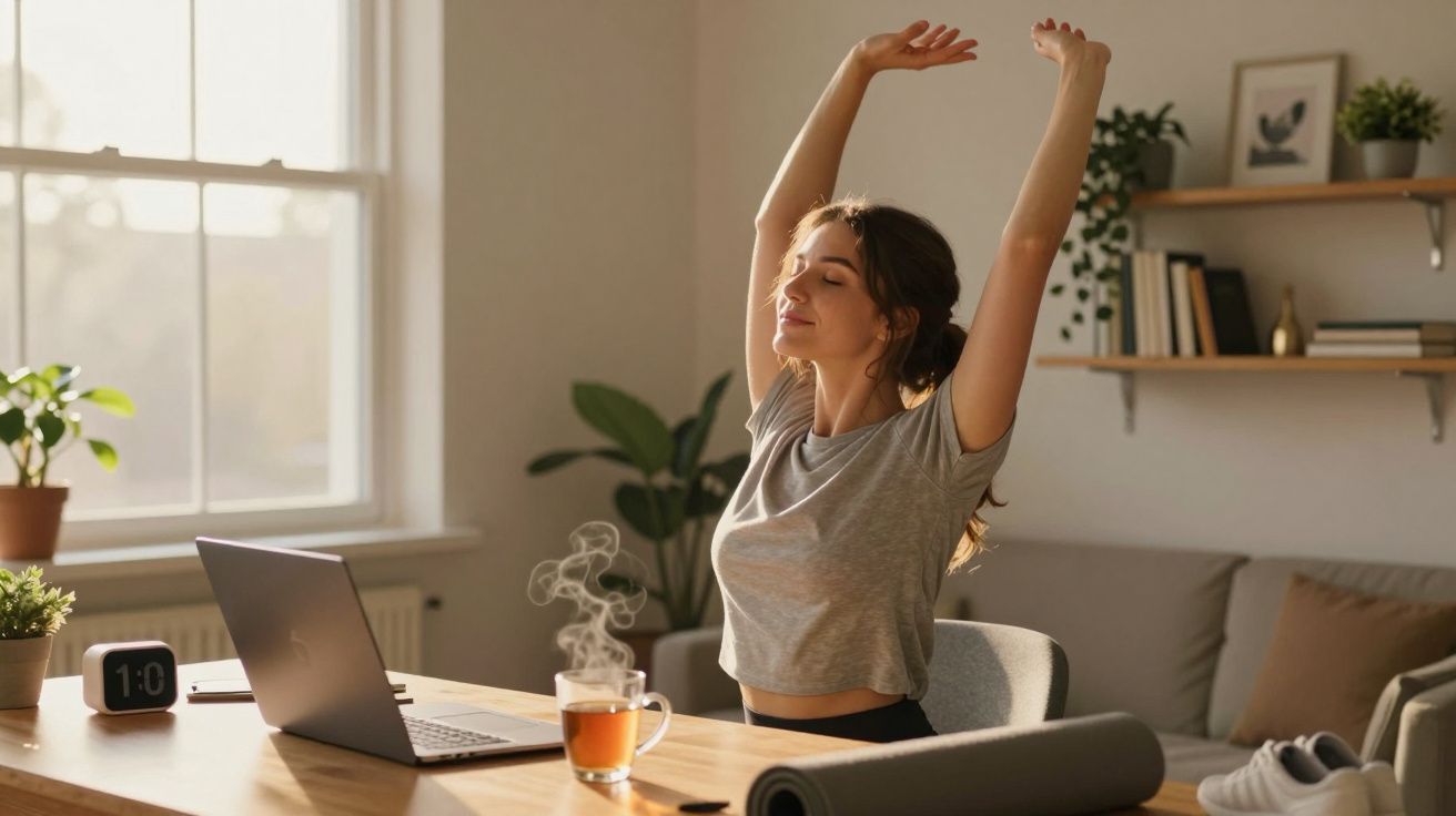 Mulher alongando os braços sentada à mesa com laptop e chá quente em ambiente iluminado e aconchegante.