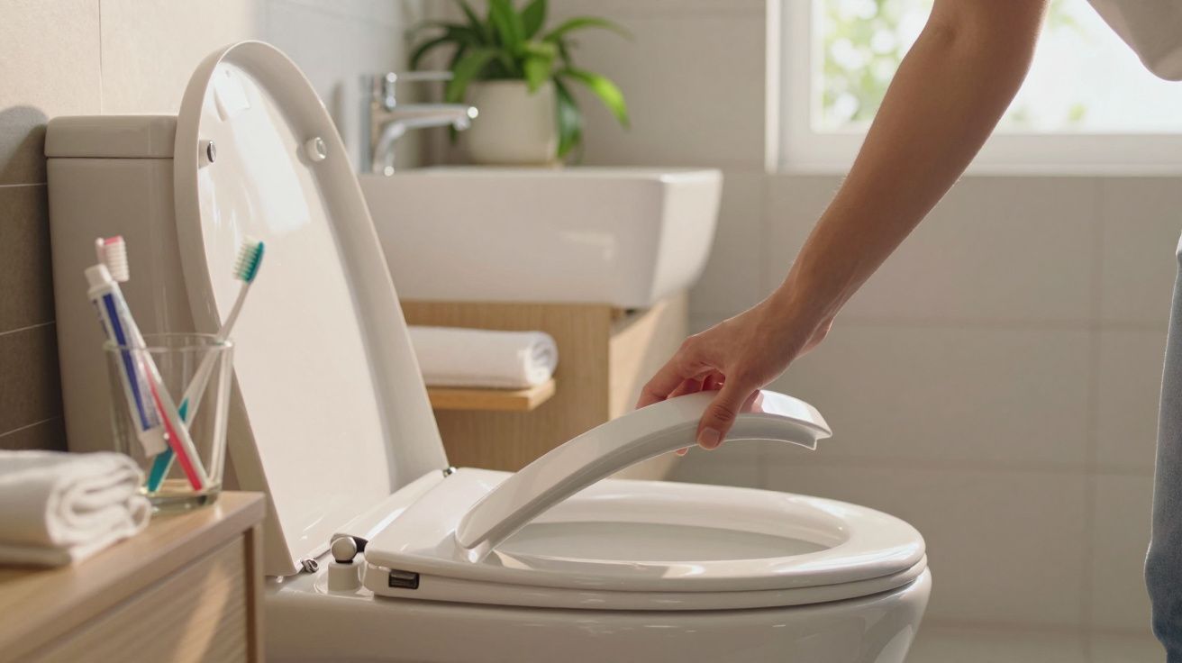 Pessoa levantando a tampa de vaso sanitário branco em banheiro com pia e escovas de dente ao fundo.