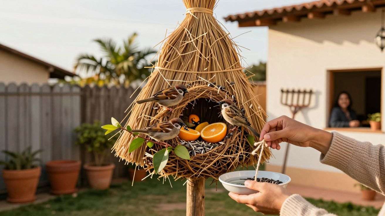 Pássaros alimentando-se em um ninho de palha com sementes e laranja em um jardim residencial.