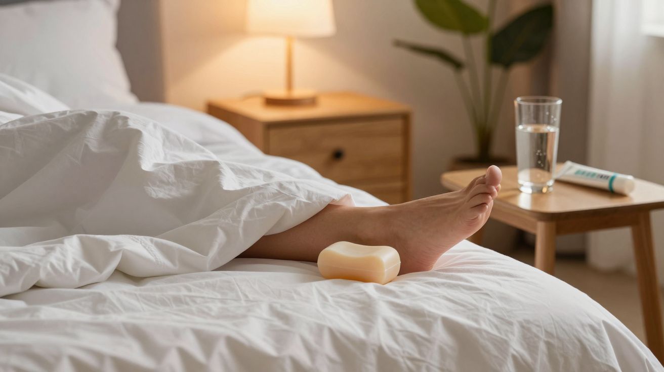 Pé de pessoa semidormindo na cama com sabão sobre o lençol e abajur aceso ao fundo.