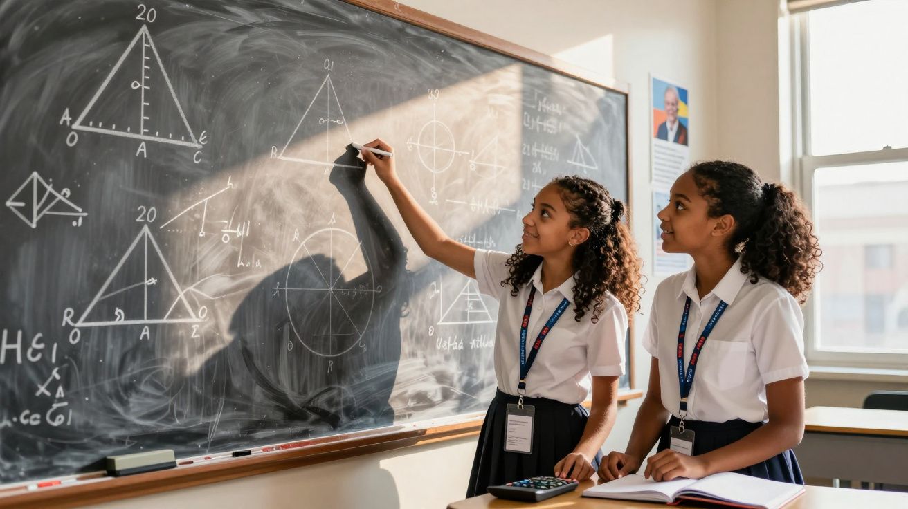 Duas estudantes negras em uniforme escrevendo fórmulas geométricas no quadro-negro de sala de aula.