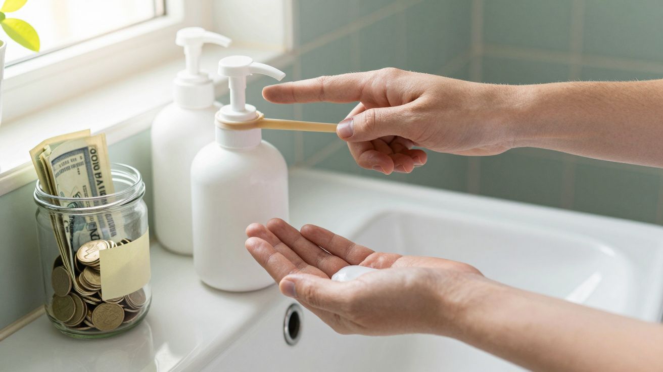 Mãos recebendo sabonete líquido de um dispenser branco em pia com cofrinho ao lado.