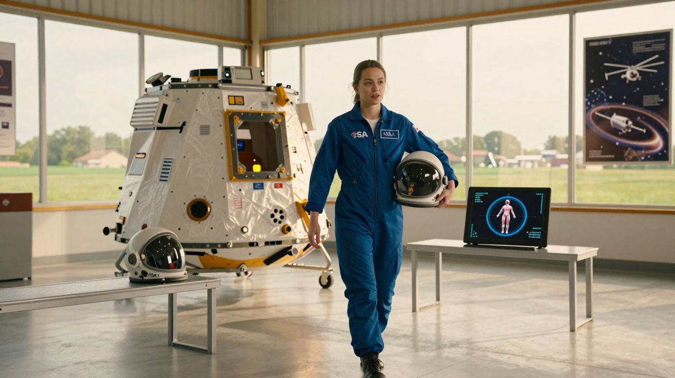 Mulher vestindo macacão azul da NASA segurando capacete, em sala com módulo lunar e tela digital.
