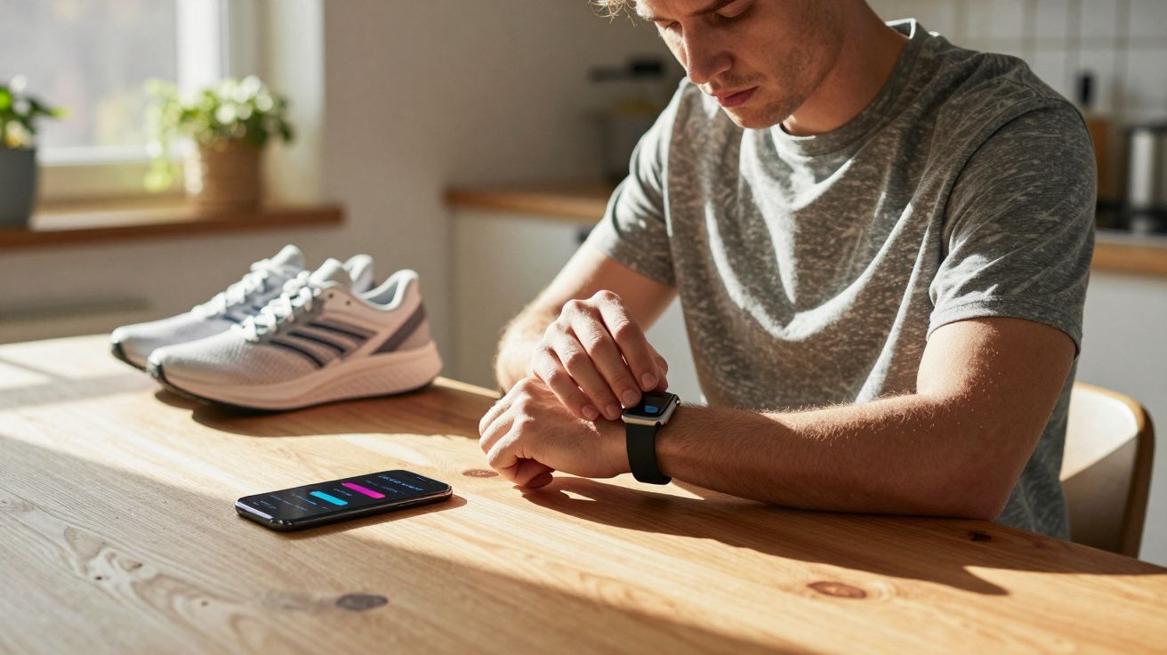 Homem sentado à mesa ajustando relógio inteligente com tênis e celular ao lado em ambiente iluminado.