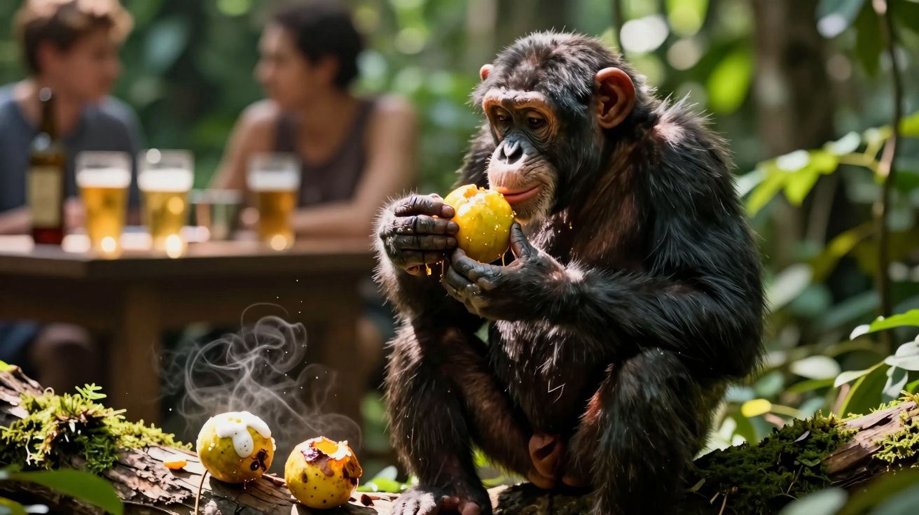 Chimpanzé comendo fruta amarela em tronco na floresta, com pessoas ao fundo desfocadas.