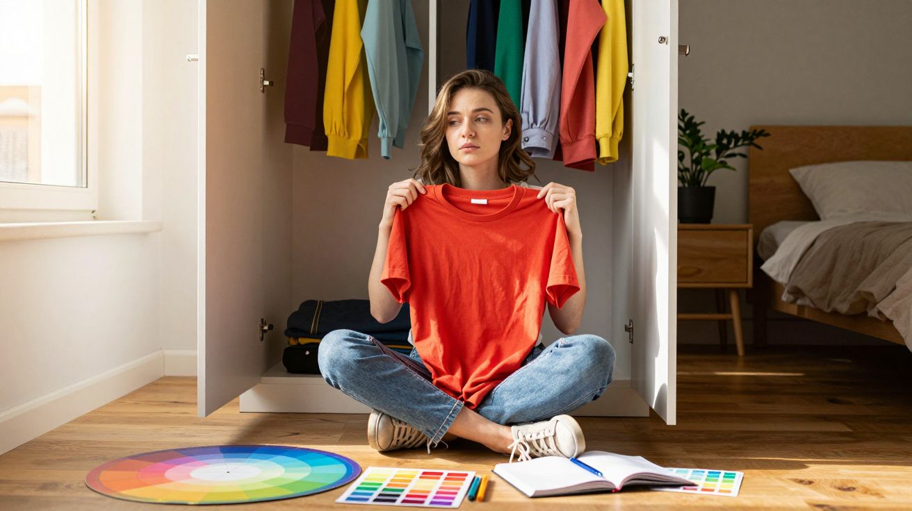 Mulher sentada no chão segura camiseta vermelha em frente a armário aberto com roupas coloridas.