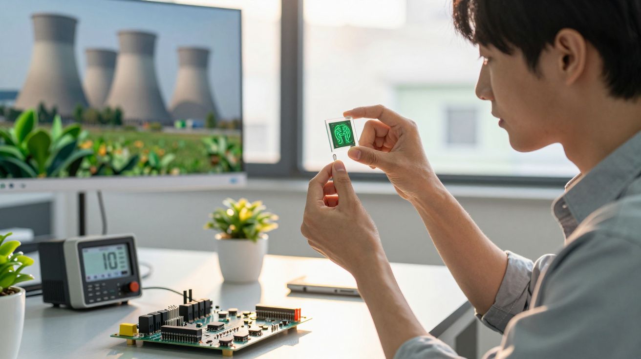 Homem segurando imagem digital de raio-x com usina nuclear ao fundo em ambiente de trabalho tecnológico.