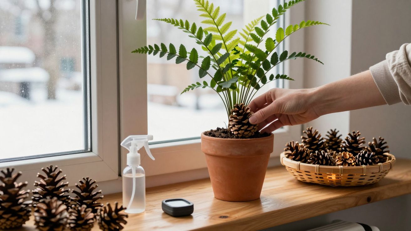 Mão colocando pinha em vaso com planta ao lado de janela, cesta com pinhas e borrifador sobre o móvel de madeira.