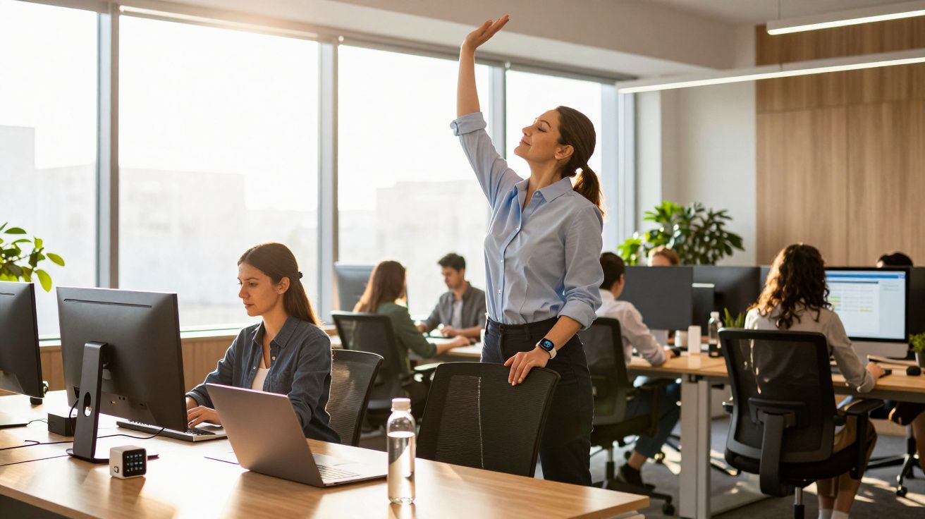 Mulher fazendo alongamento em escritório enquanto colegas trabalham em computadores nas mesas.