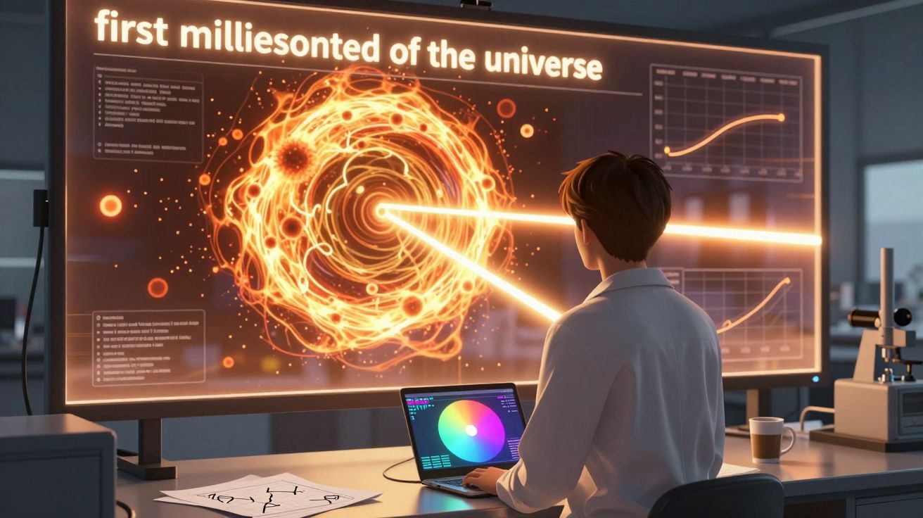 Pesquisador analisa imagens e dados holográficos sobre o universo em laboratório moderno e tecnológico.