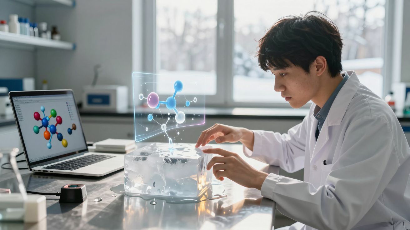 Cientista jovem em laboratório analisando molécula holográfica projetada sobre cubo de gelo transparente.