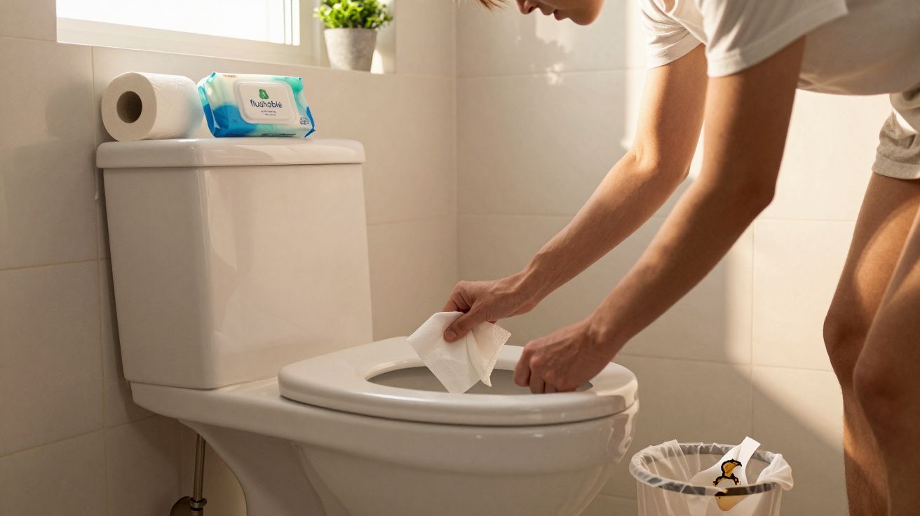 Pessoa limpando a tampa do vaso sanitário com lenço umedecido em banheiro claro.