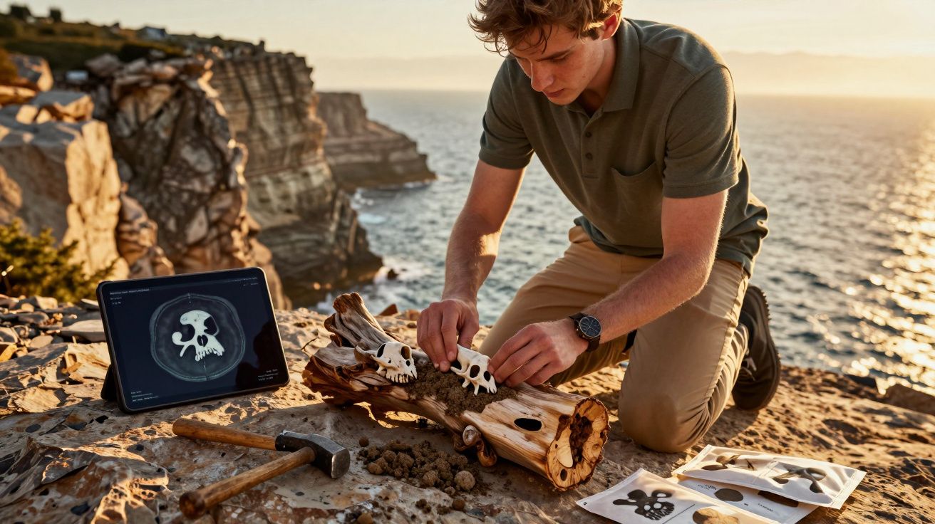 Jovem monta ossos de animal sobre tronco em penhasco com tablet e aparelho de escavação ao pôr do sol.