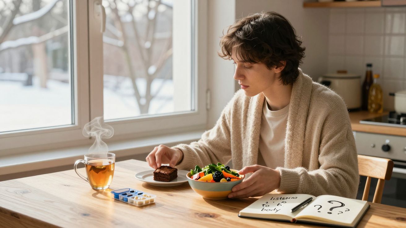 Pessoa sentada à mesa com chá, remédios, salada e bolo, em cozinha iluminada perto de janela.