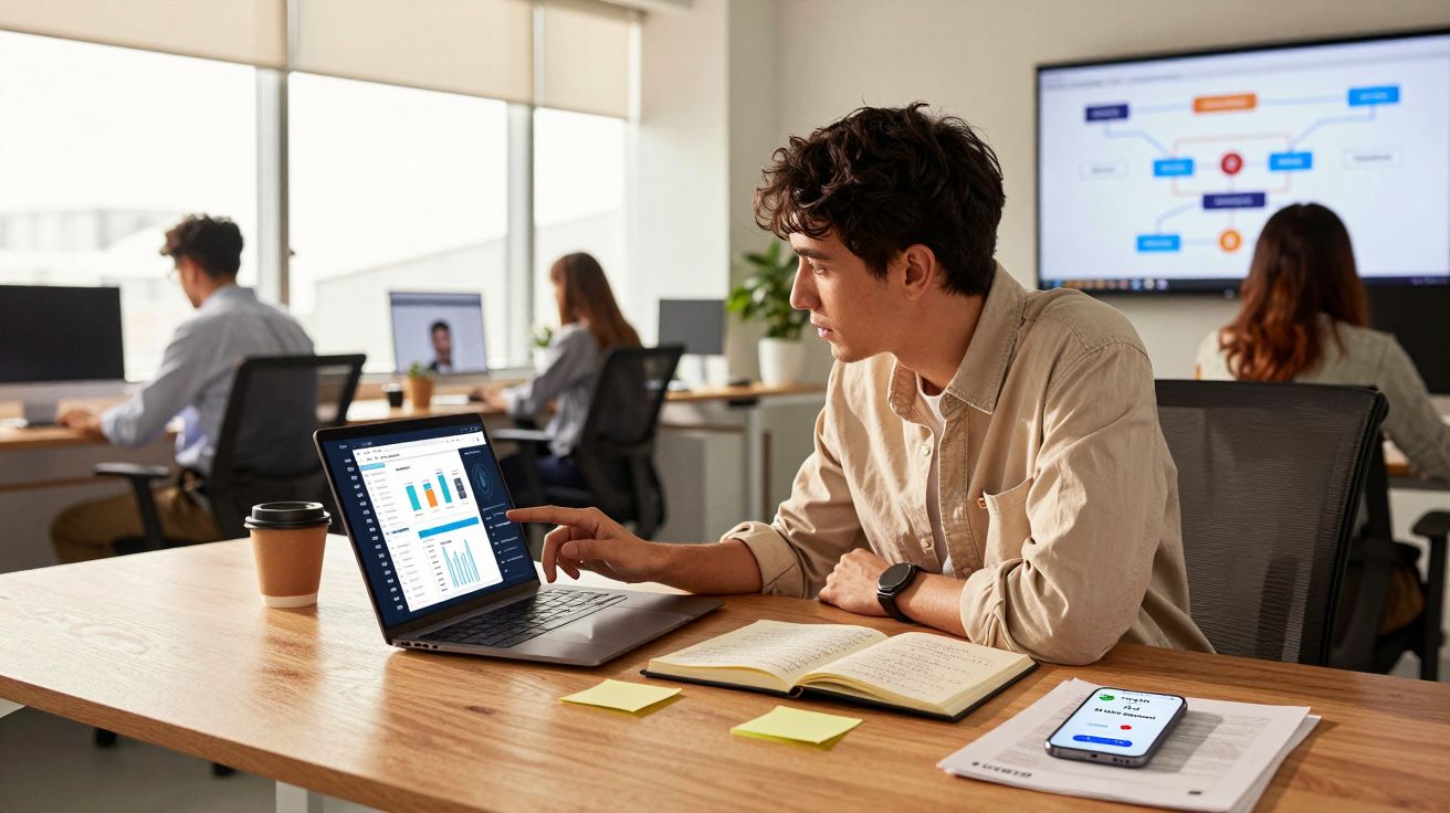 Homem analisando gráficos financeiros em laptop em escritório moderno com colegas ao fundo.
