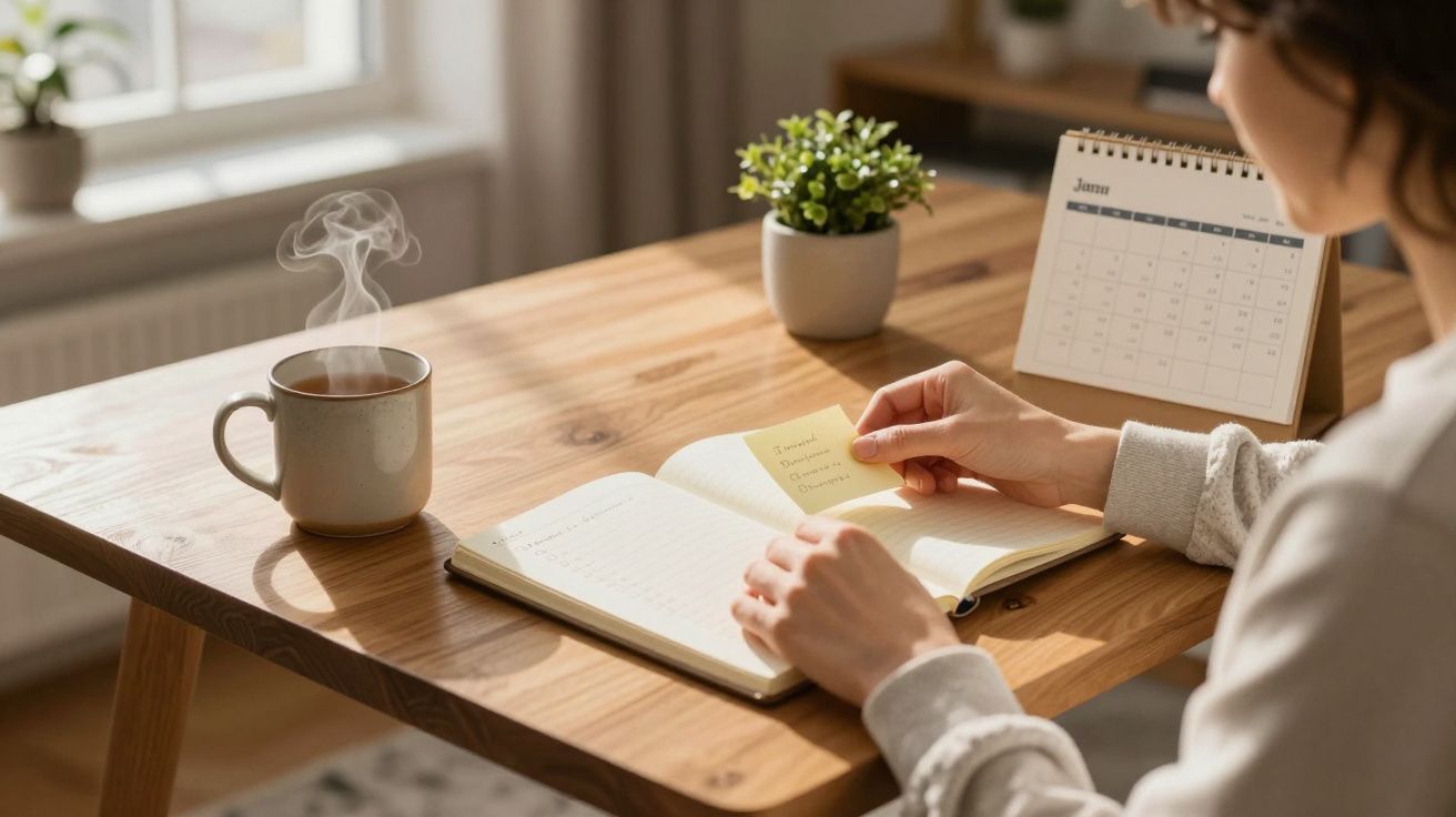 Pessoa lendo nota adesiva em caderno aberto em mesa com xícara de café, vaso de planta e calendário.