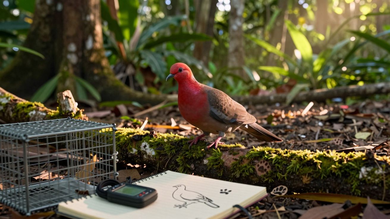 Pomba-de-cara-vermelha sobre tronco coberto de musgo ao lado de gaiola e caderno com desenho da ave.