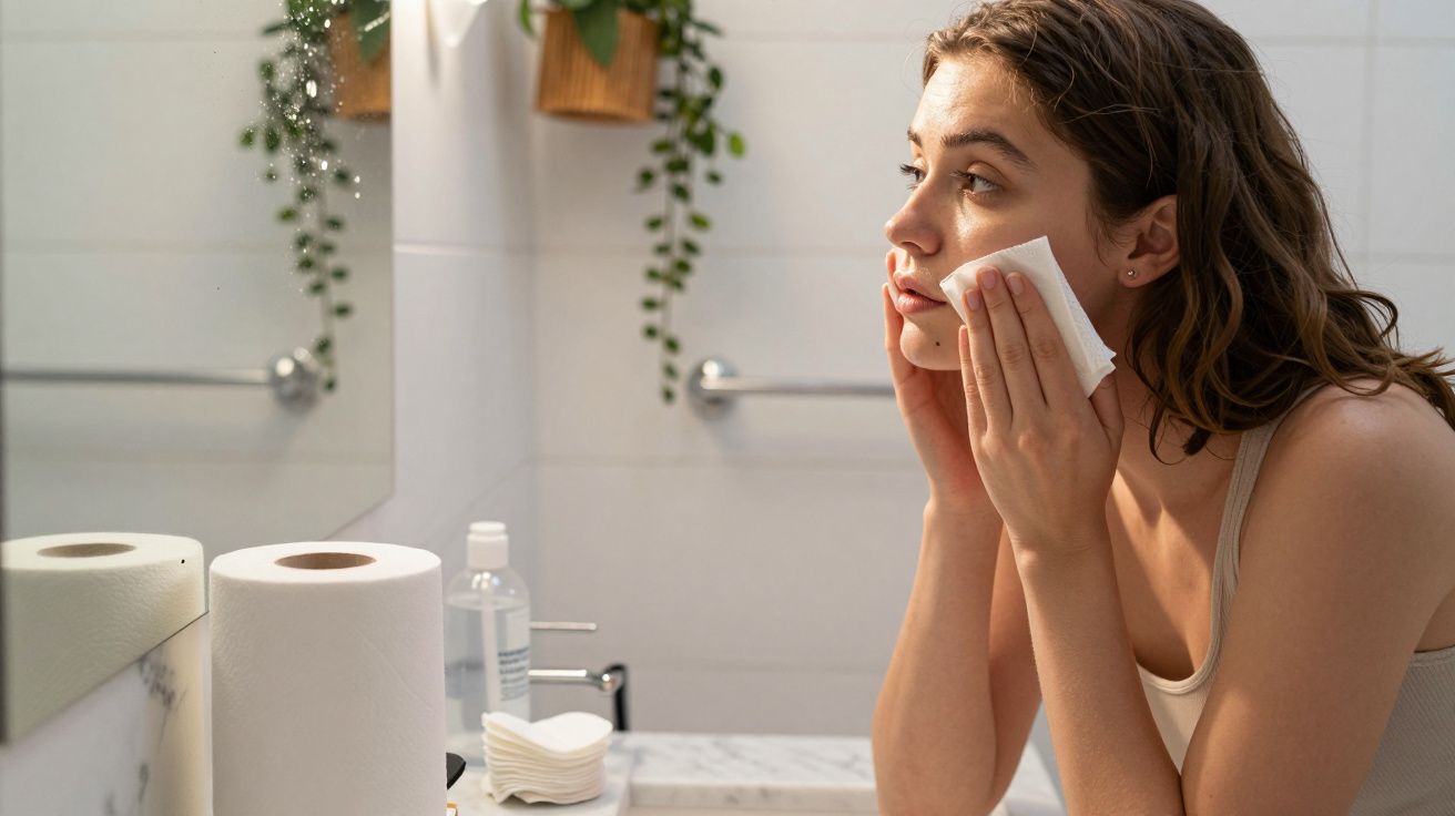 Mulher usando lenço para limpar o rosto em frente ao espelho no banheiro, com toalhas e plantas ao fundo.