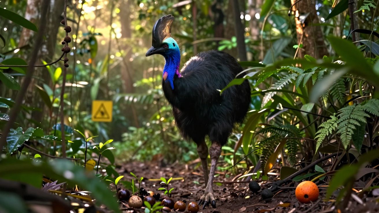 Casuar no chão da floresta tropical com folhas verdes e frutos caídos ao redor.