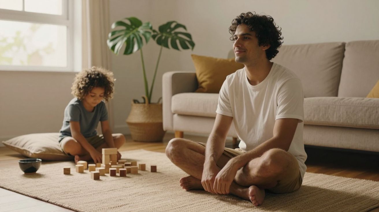 Homem sentado no chão atento enquanto criança brinca com blocos de madeira em sala iluminada.