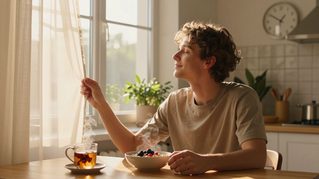 Pessoa jovem abrindo a cortina e apreciando a luz do sol durante o café da manhã na cozinha.