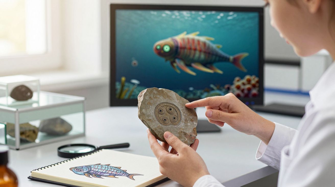 Pessoa segurando fóssil circular enquanto estuda ilustração de peixe pré-histórico em mesa de laboratório.