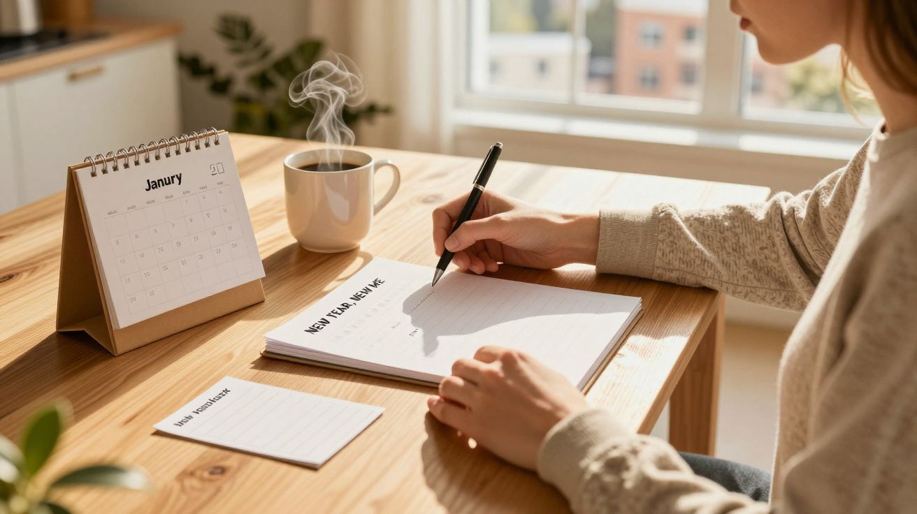Pessoa escrevendo metas de Ano Novo em caderno ao lado de calendário de janeiro e xícara de café quente.