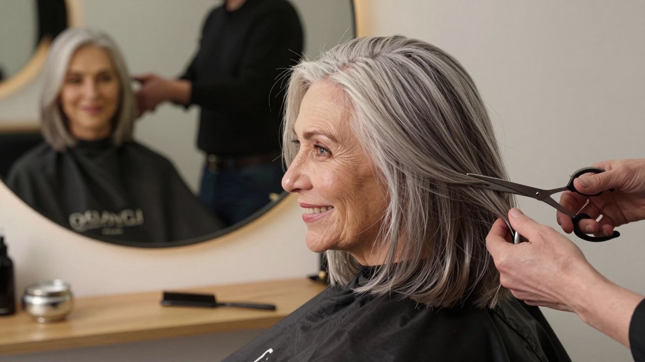 Mulher idosa sorridente cortando o cabelo em salão, sentada em frente ao espelho.
