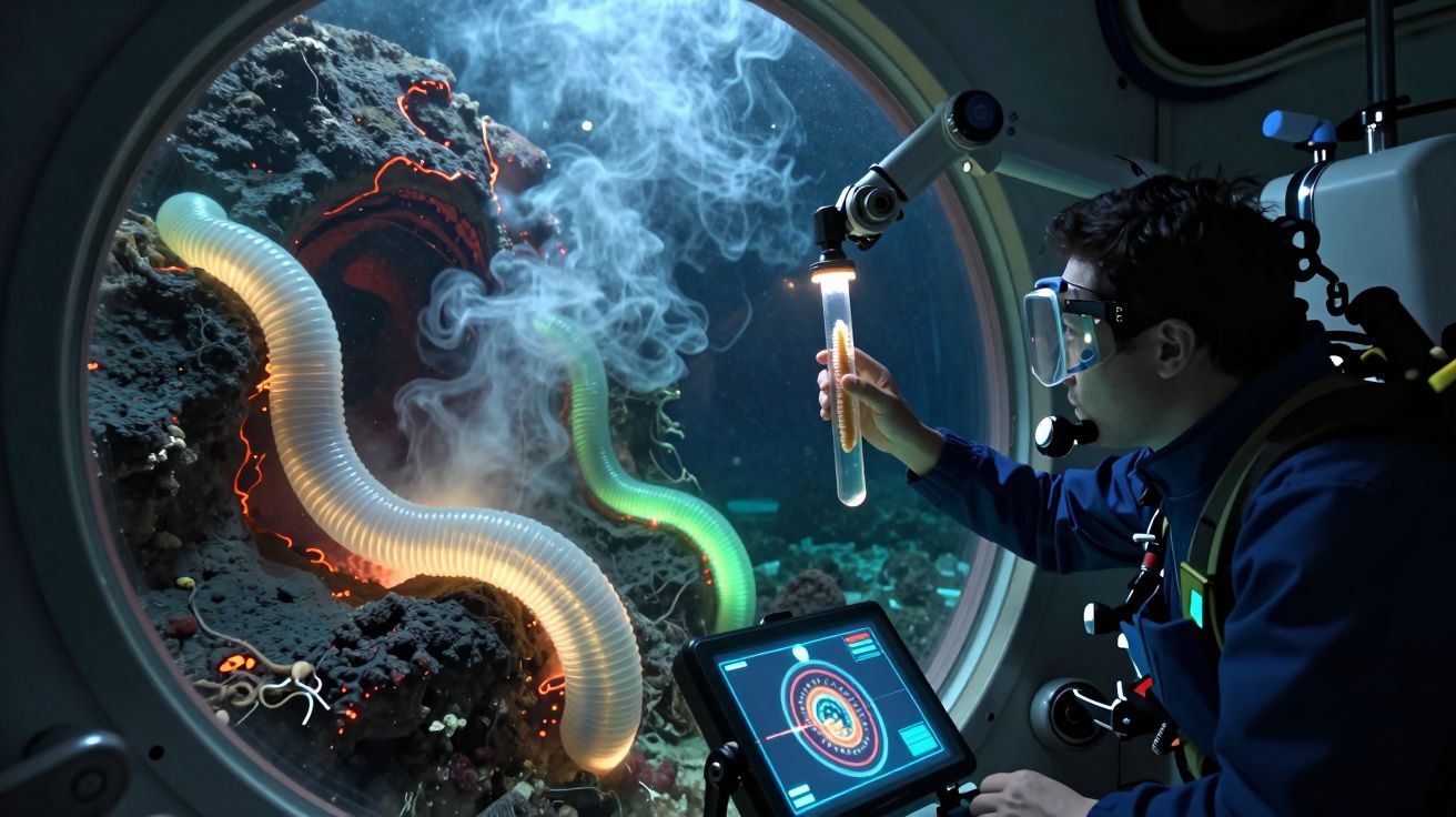Cientista submarino examina amostra em laboratório com vermes luminescentes em ambiente oceânico profundo.