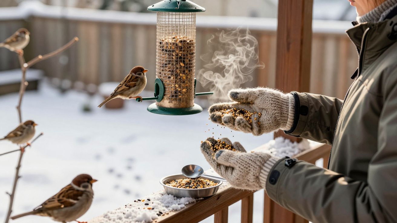 Pessoa com luvas alimenta pássaros com sementes durante inverno em varanda coberta de neve.