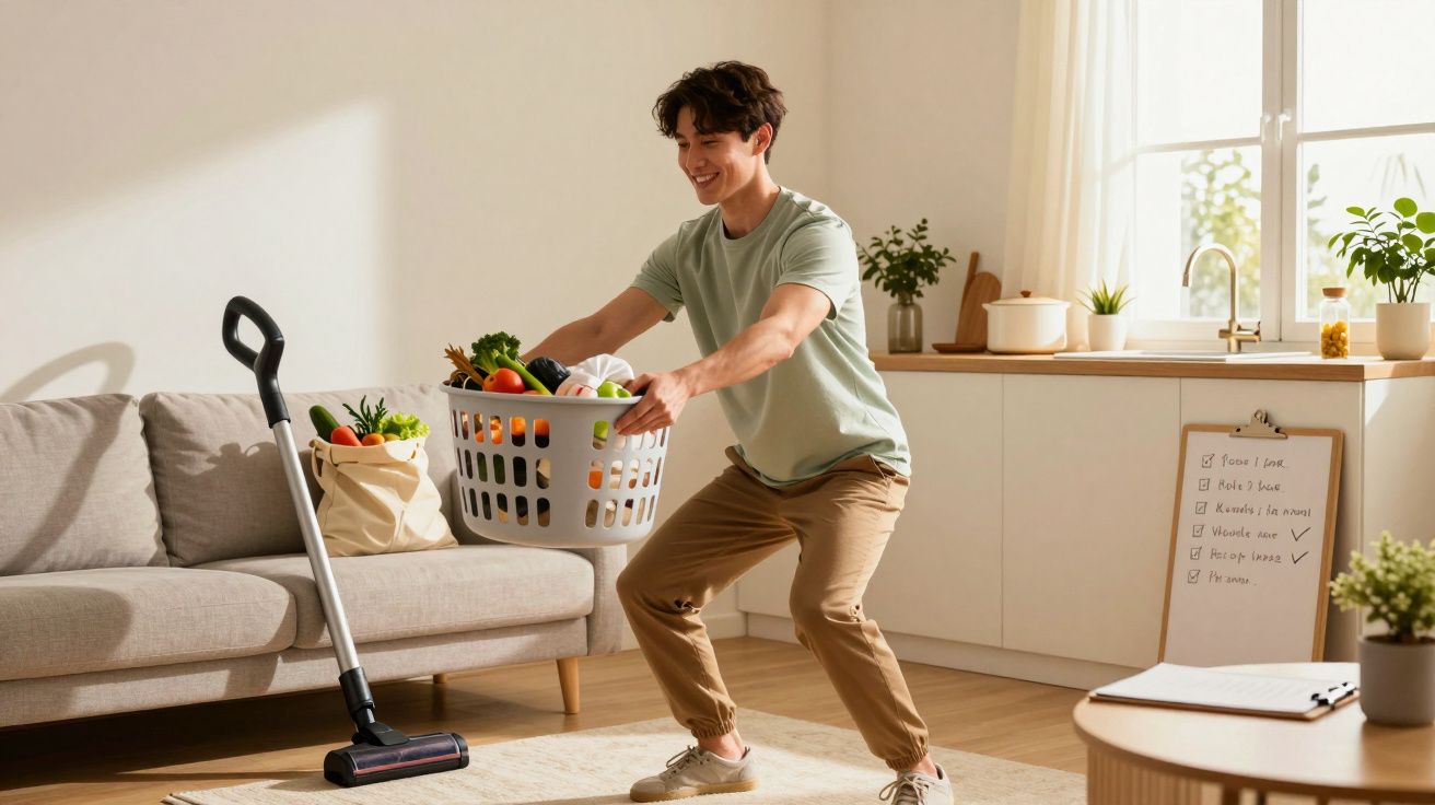 Jovem sorridente segurando cesta de roupas na sala de estar iluminada com itens de limpeza e plantas ao fundo.