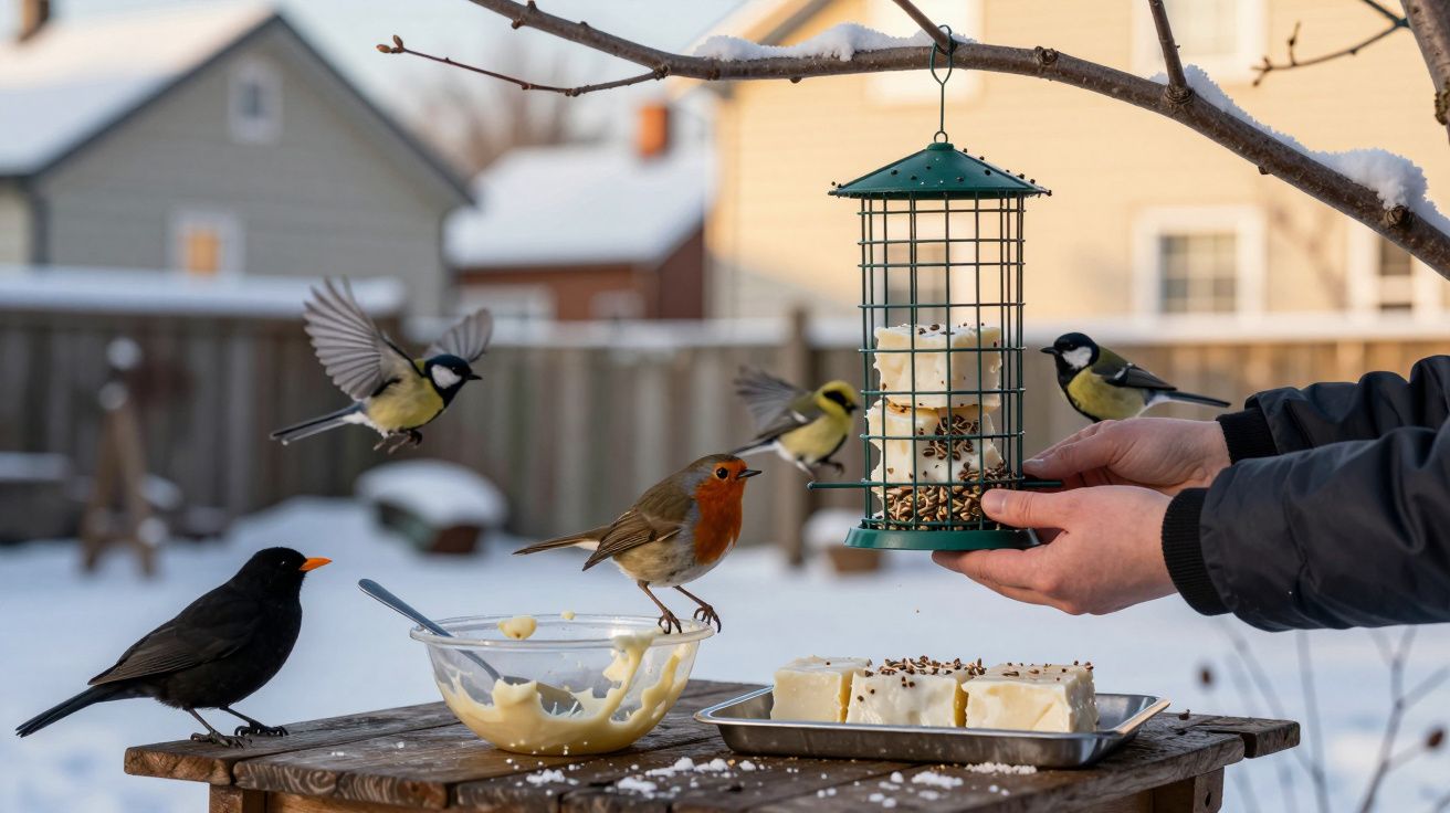 Pássaros se alimentando de bloco de gordura em comedouro segurado por mãos, neve ao fundo.