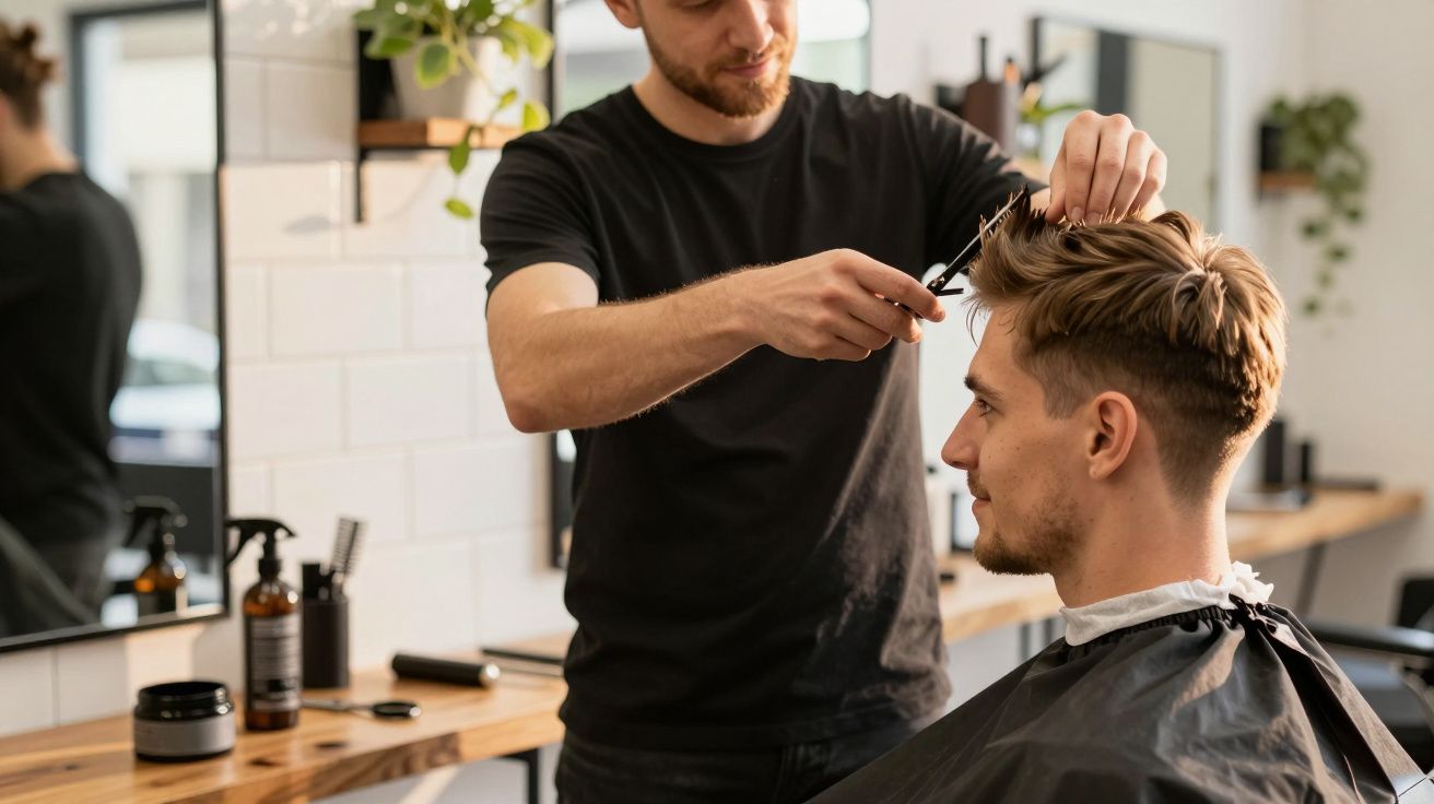Barbeiro profissional cortando cabelo de cliente em salão de estética moderno e iluminado.