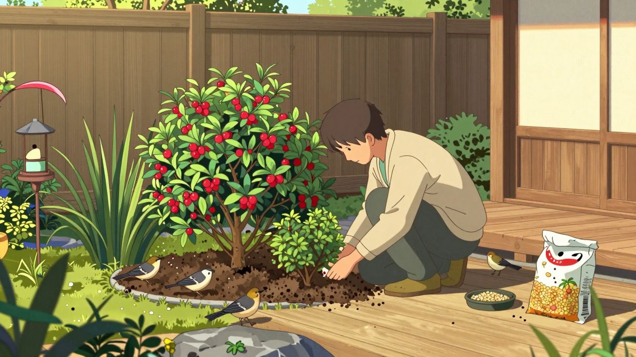 Pessoa agachada cuidando do jardim com plantas e pássaros ao redor em um quintal.