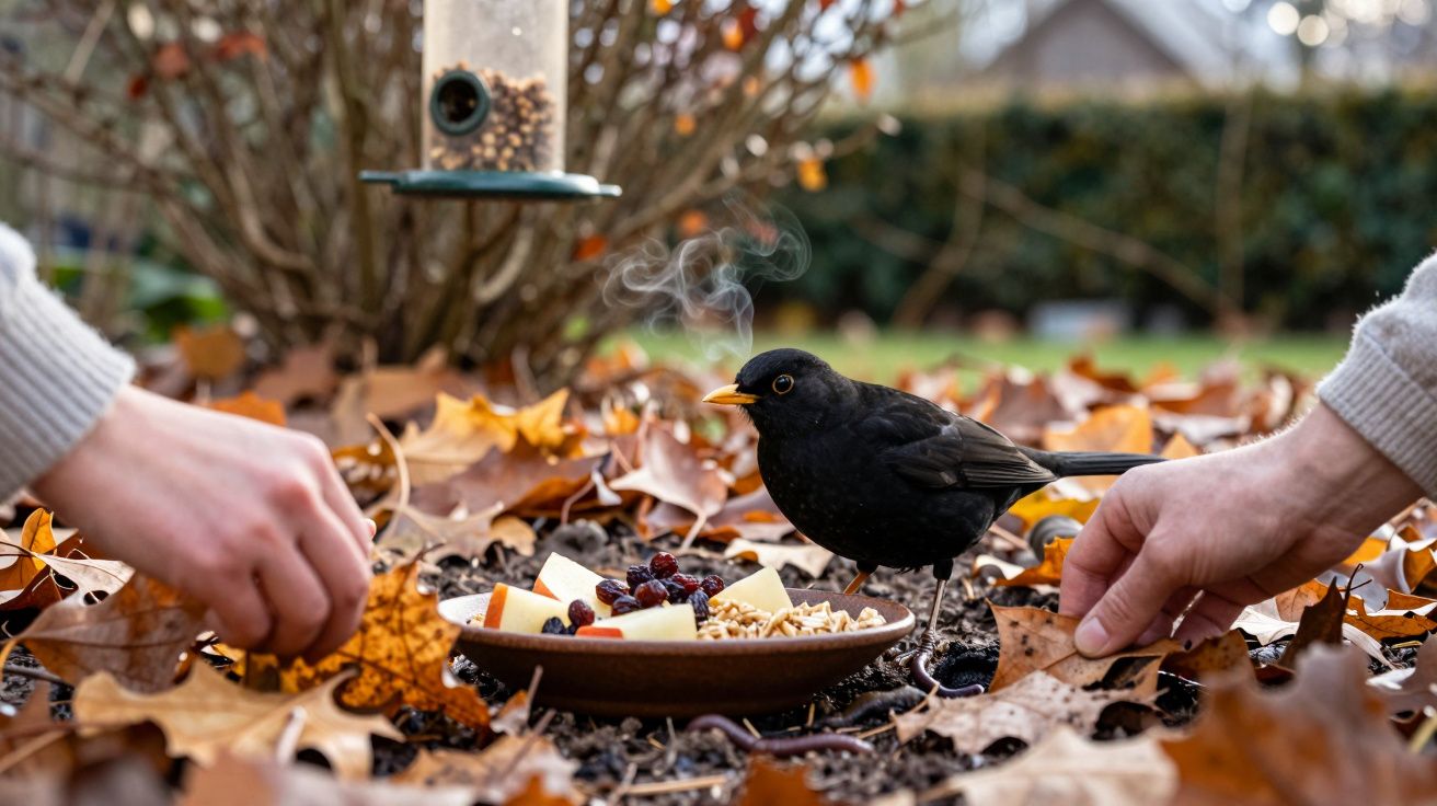 Pássaro preto próximo a prato com frutas e nozes cercado por folhas secas e mãos humanas ao redor.