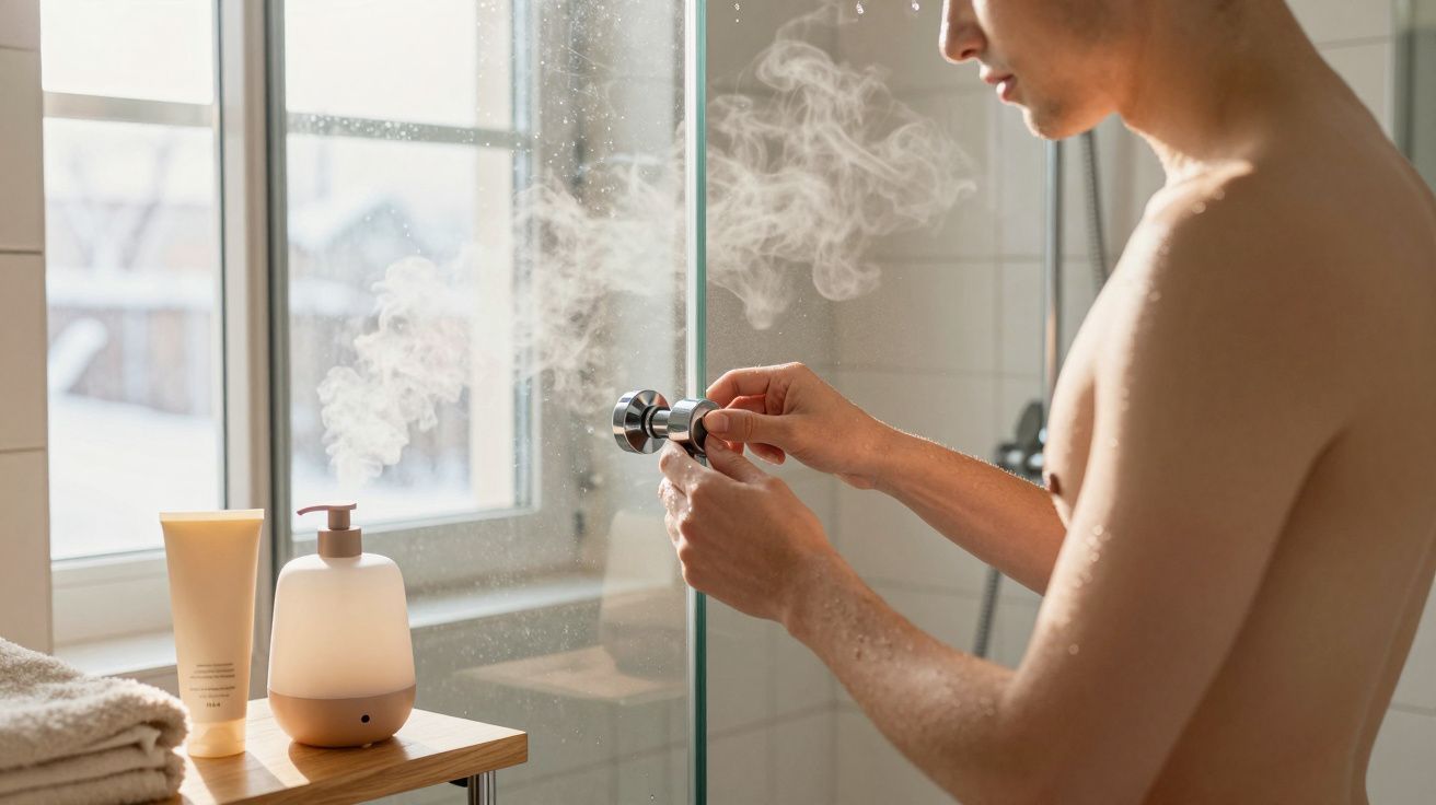 Homem ajusta o controle de vapor em cabine de vidro no banheiro iluminado, com toalhas e aromatizador na mesa.