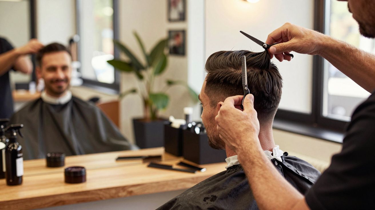 Homem recebendo corte de cabelo em barbearia, com barbeiro usando tesoura e pente.