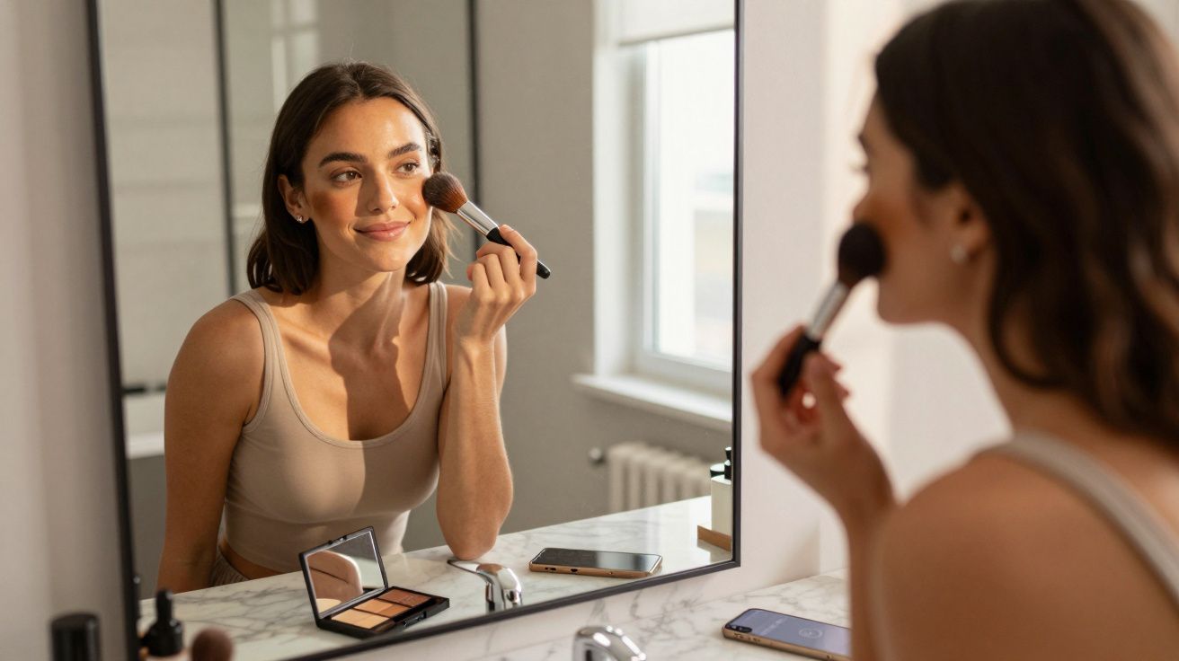Mulher aplicando blush no rosto em frente ao espelho no banheiro, com maquiagem e celular sobre a bancada.
