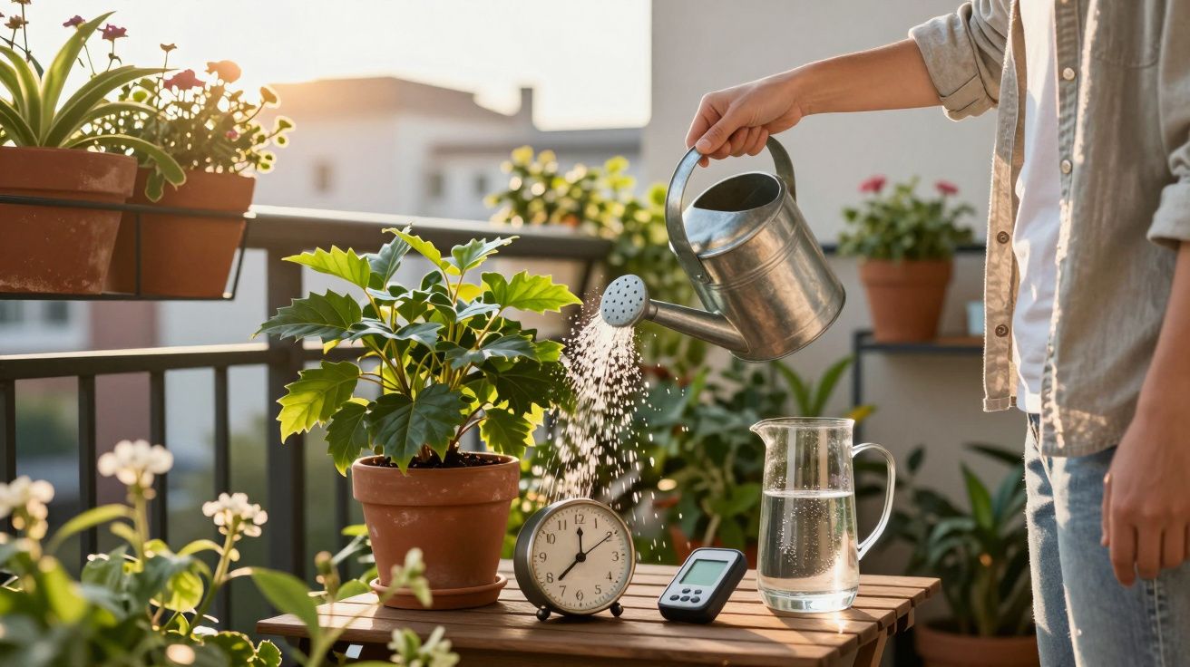 Pessoa regando planta em vaso no parapeito de varanda ao entardecer com relógio e regador.