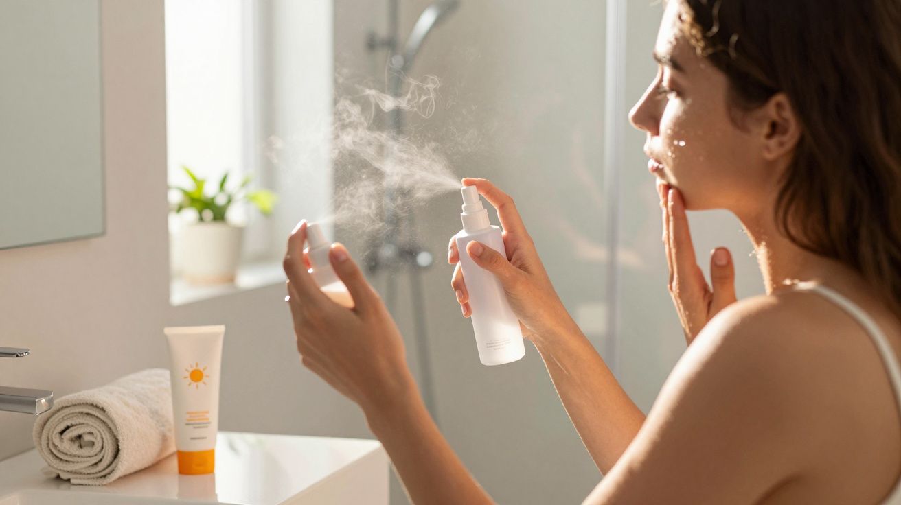 Mulher aplicando spray facial em frente ao espelho no banheiro iluminado pela luz natural.