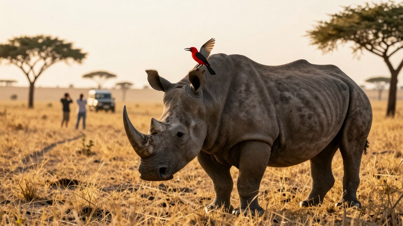Rinoceronte com pássaro vermelho pousado na cabeça em savana seca, pessoas ao fundo fotografam.