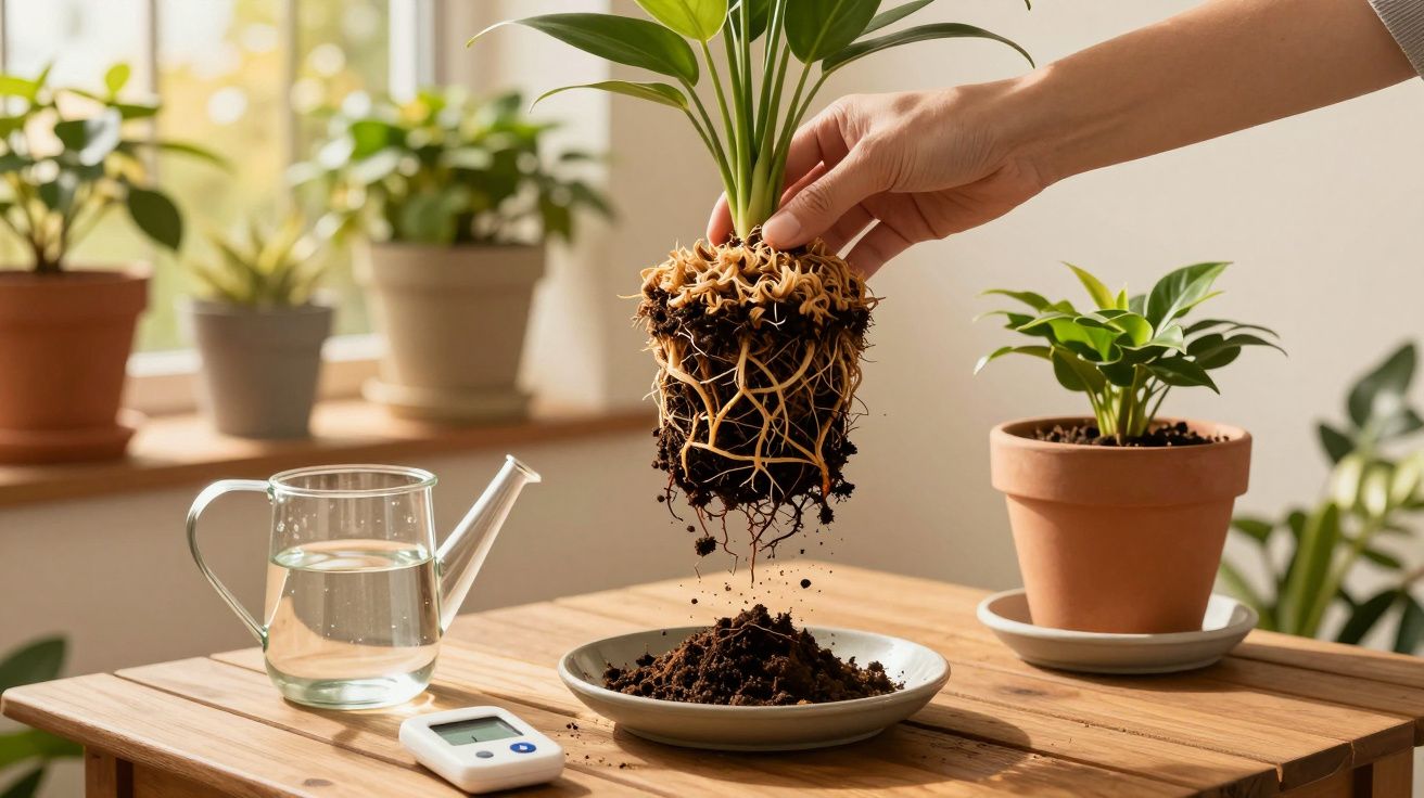 Mão segurando muda de planta com raízes expostas sobre prato com terra em mesa de madeira iluminada.